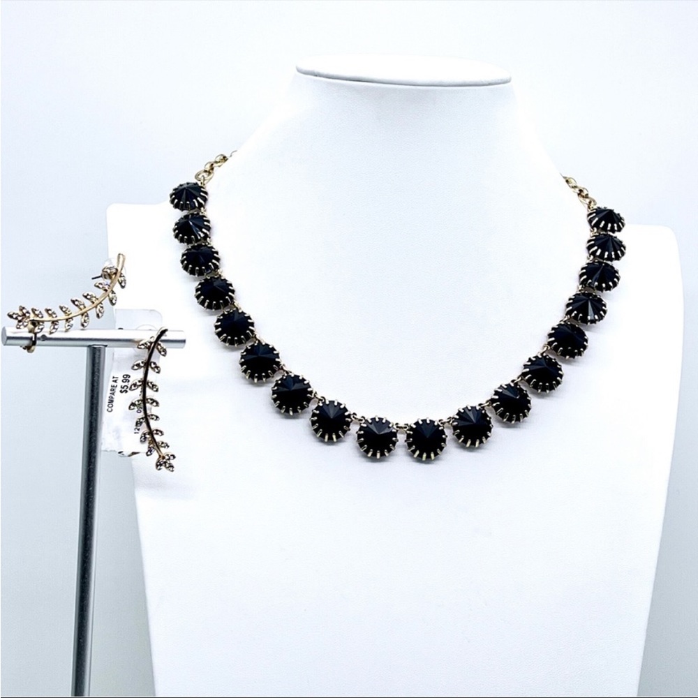 J Crew Black Rhinestone Collar Necklace & NWT Gold Floral Pierced Ear Huggers